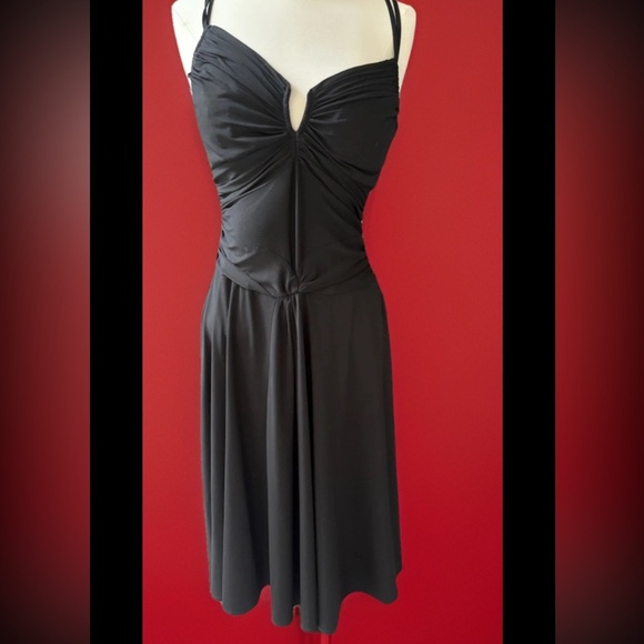 Retro 70s-Inspired Ruched Black Midi Dress – Strappy, Flowy, Size Small/Medium - Picture 1 of 2